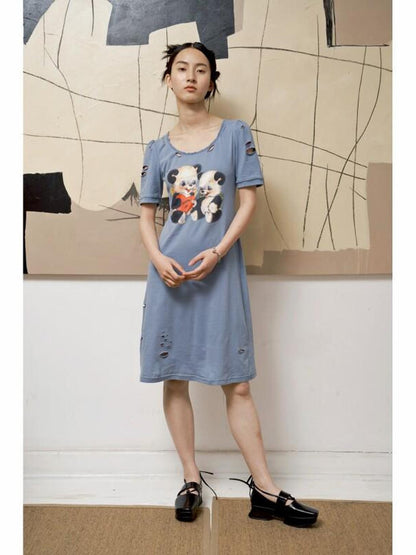 QUORRA S CHORD Haze Blue Printed Distressed Puff Sleeve Women&
