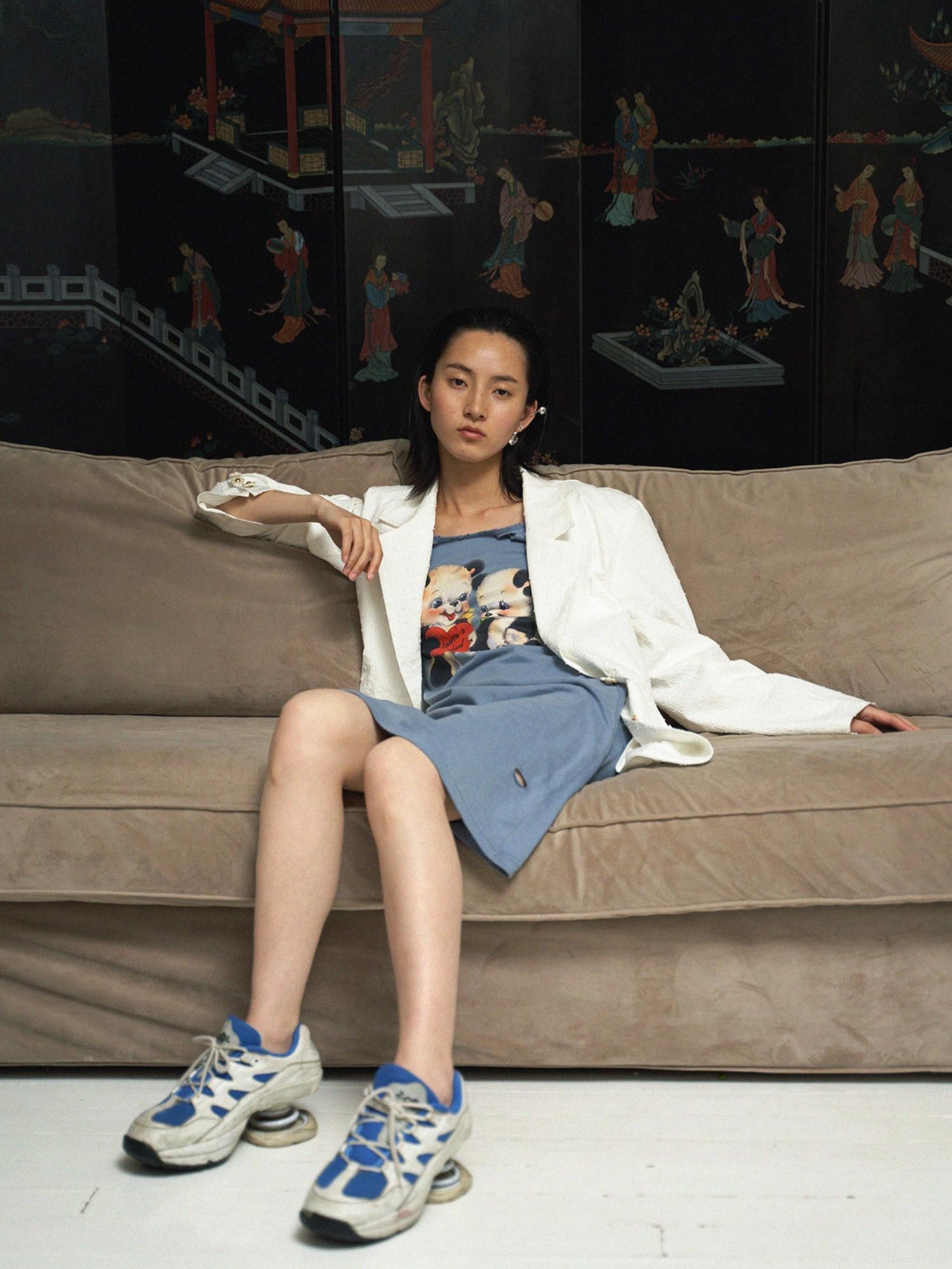 QUORRA S CHORD Haze Blue Printed Distressed Puff Sleeve Women&