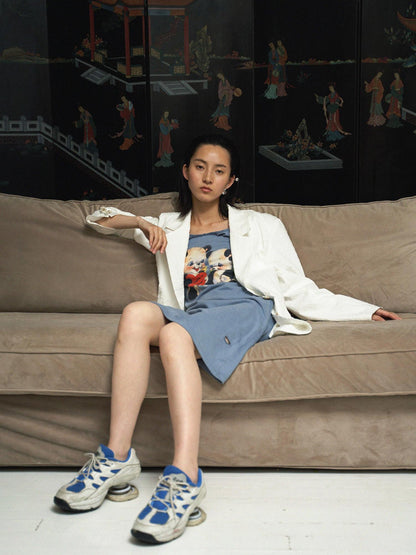 QUORRA S CHORD Haze Blue Printed Distressed Puff Sleeve Women&