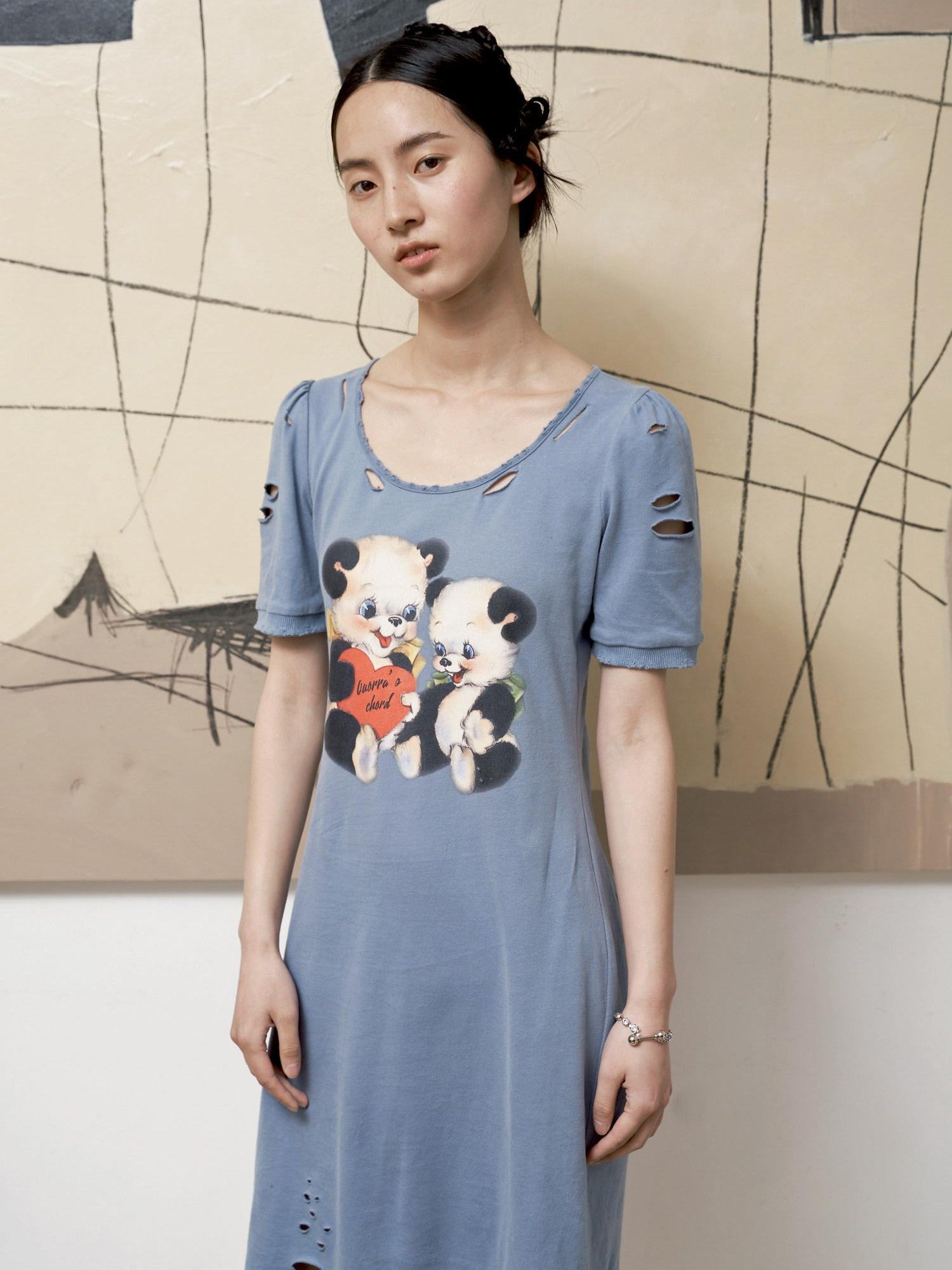 QUORRA S CHORD Haze Blue Printed Distressed Puff Sleeve Women&