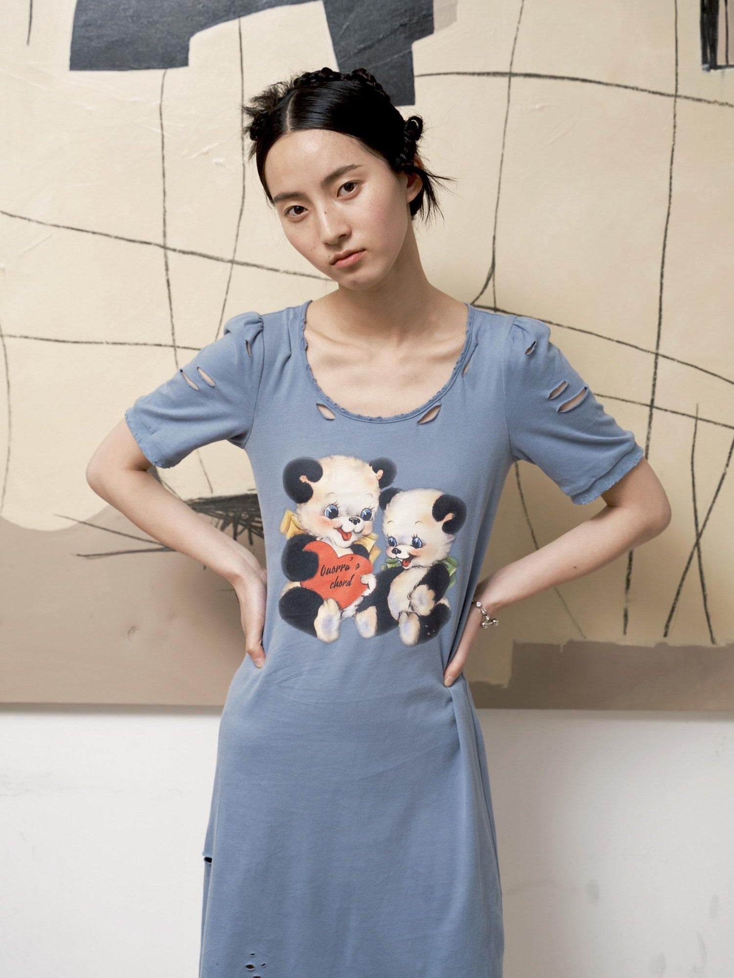 QUORRA S CHORD Haze Blue Printed Distressed Puff Sleeve Women&