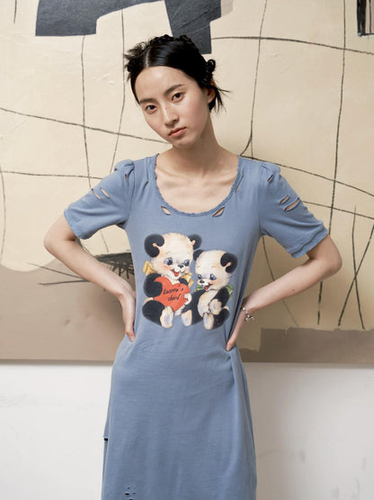 QUORRA S CHORD Haze Blue Printed Distressed Puff Sleeve Women&