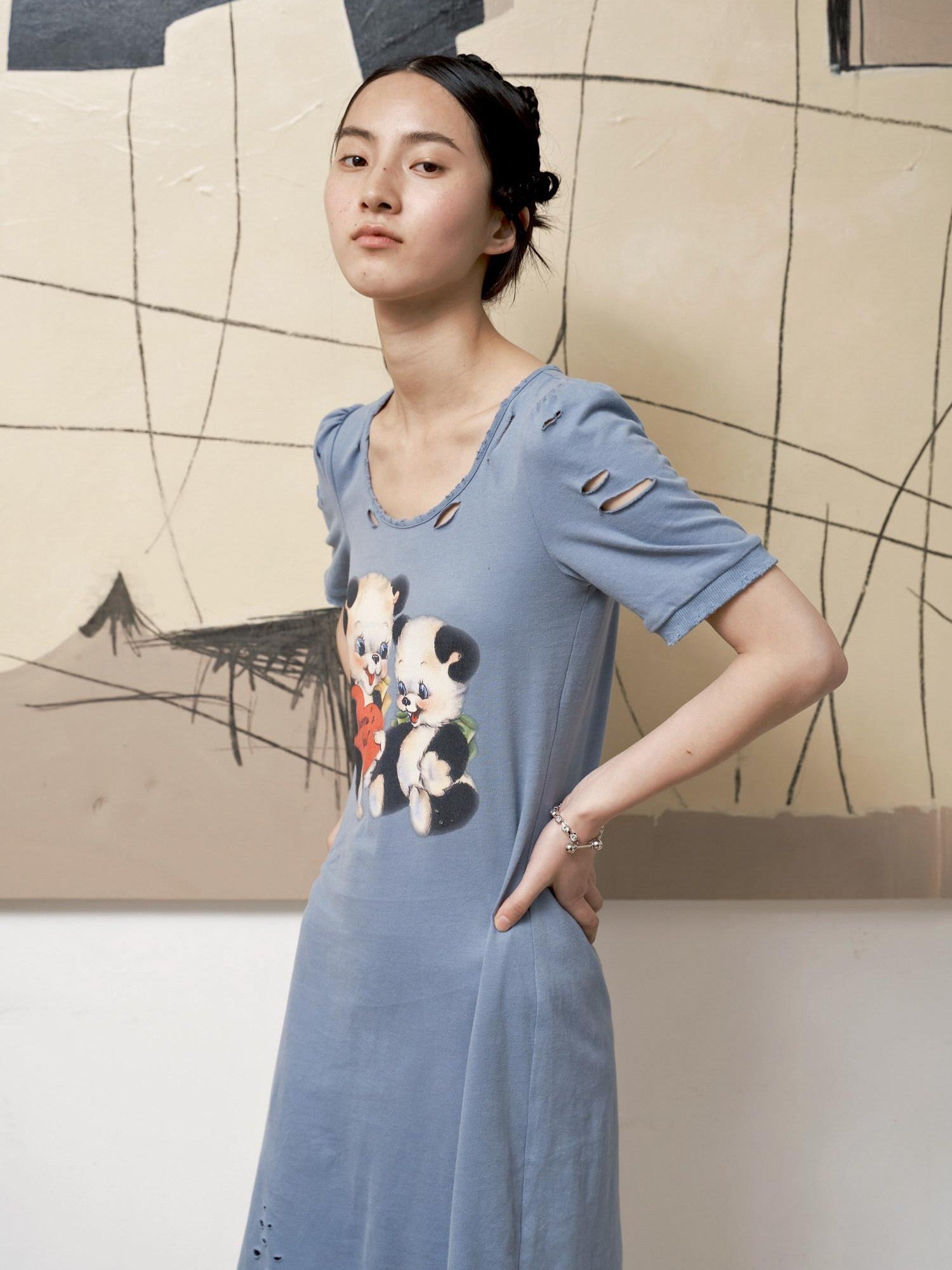 QUORRA S CHORD Haze Blue Printed Distressed Puff Sleeve Women&