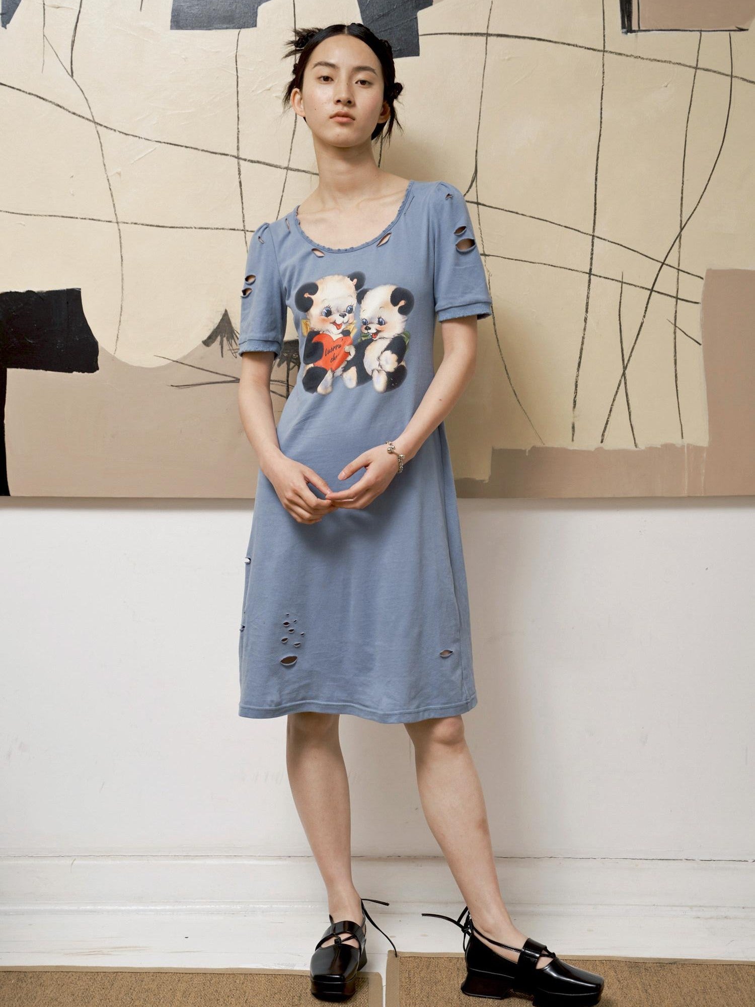 QUORRA S CHORD Haze Blue Printed Distressed Puff Sleeve Women&