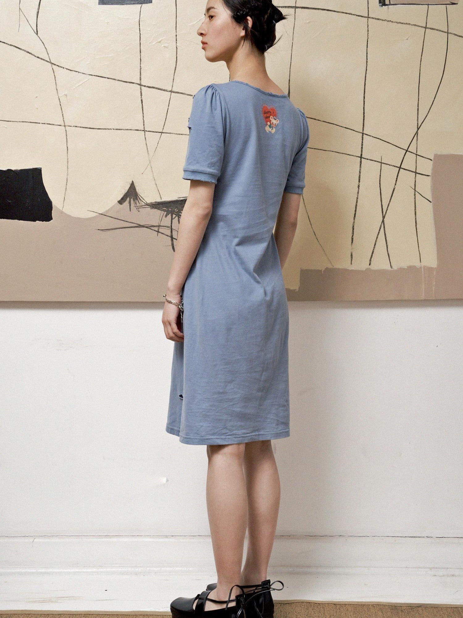 QUORRA S CHORD Haze Blue Printed Distressed Puff Sleeve Women&