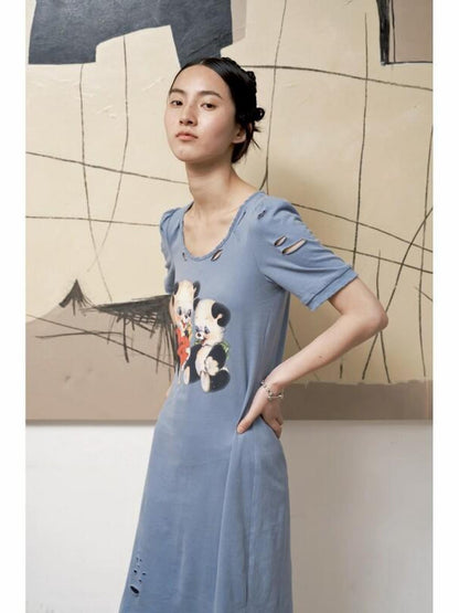 QUORRA S CHORD Haze Blue Printed Distressed Puff Sleeve Women&
