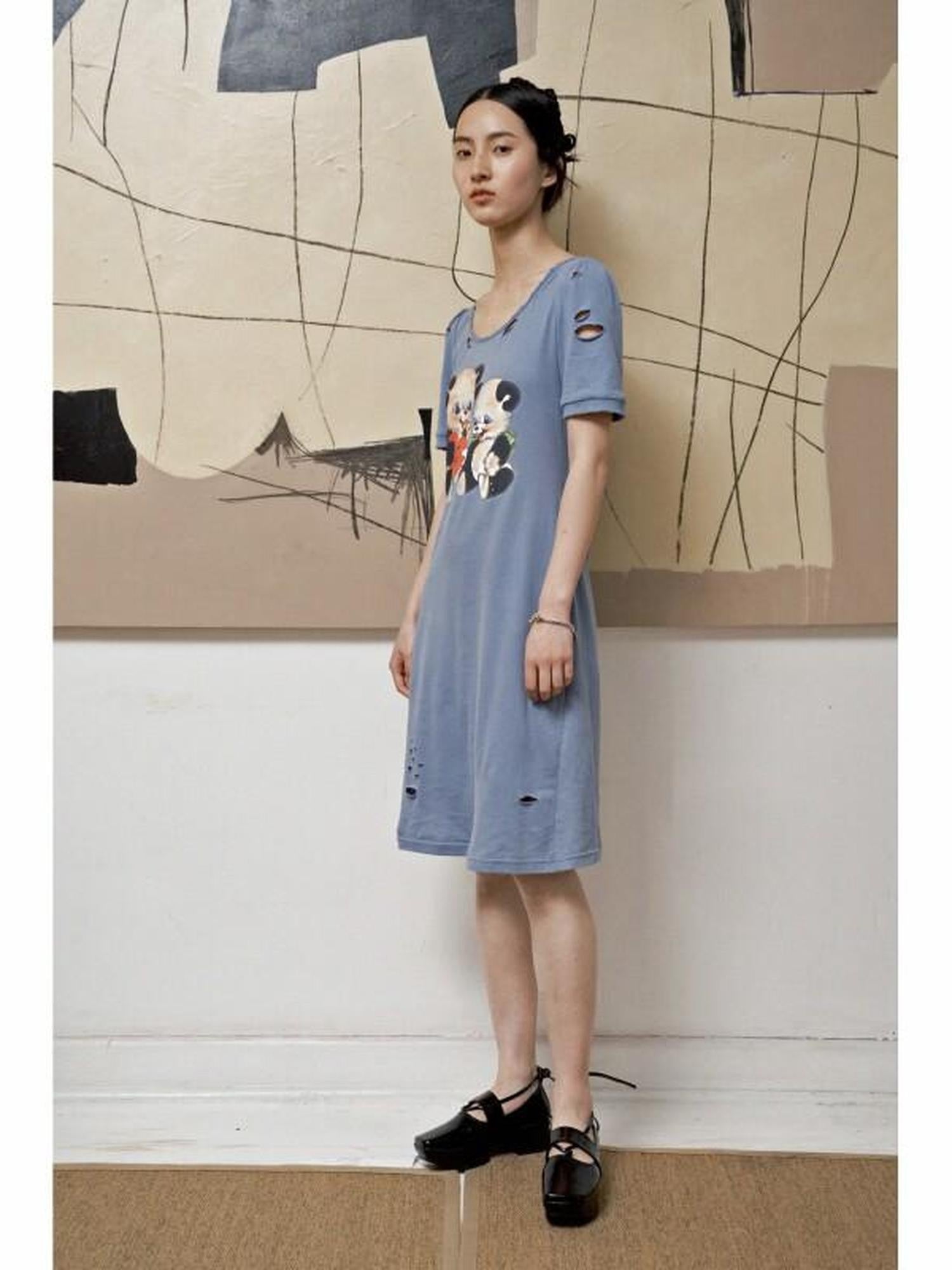 QUORRA S CHORD Haze Blue Printed Distressed Puff Sleeve Women&