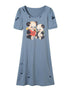 QUORRA S CHORD Haze Blue Printed Distressed Puff Sleeve Women&