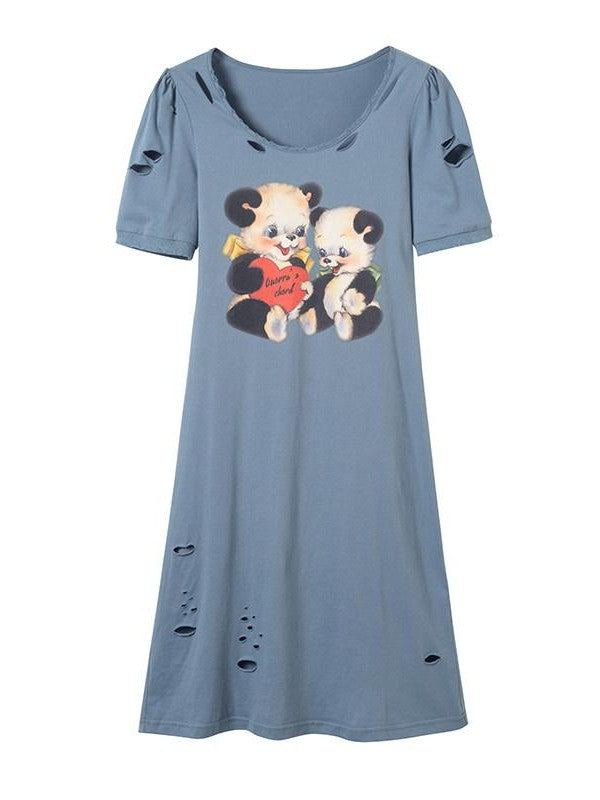 QUORRA S CHORD Haze Blue Printed Distressed Puff Sleeve Women&
