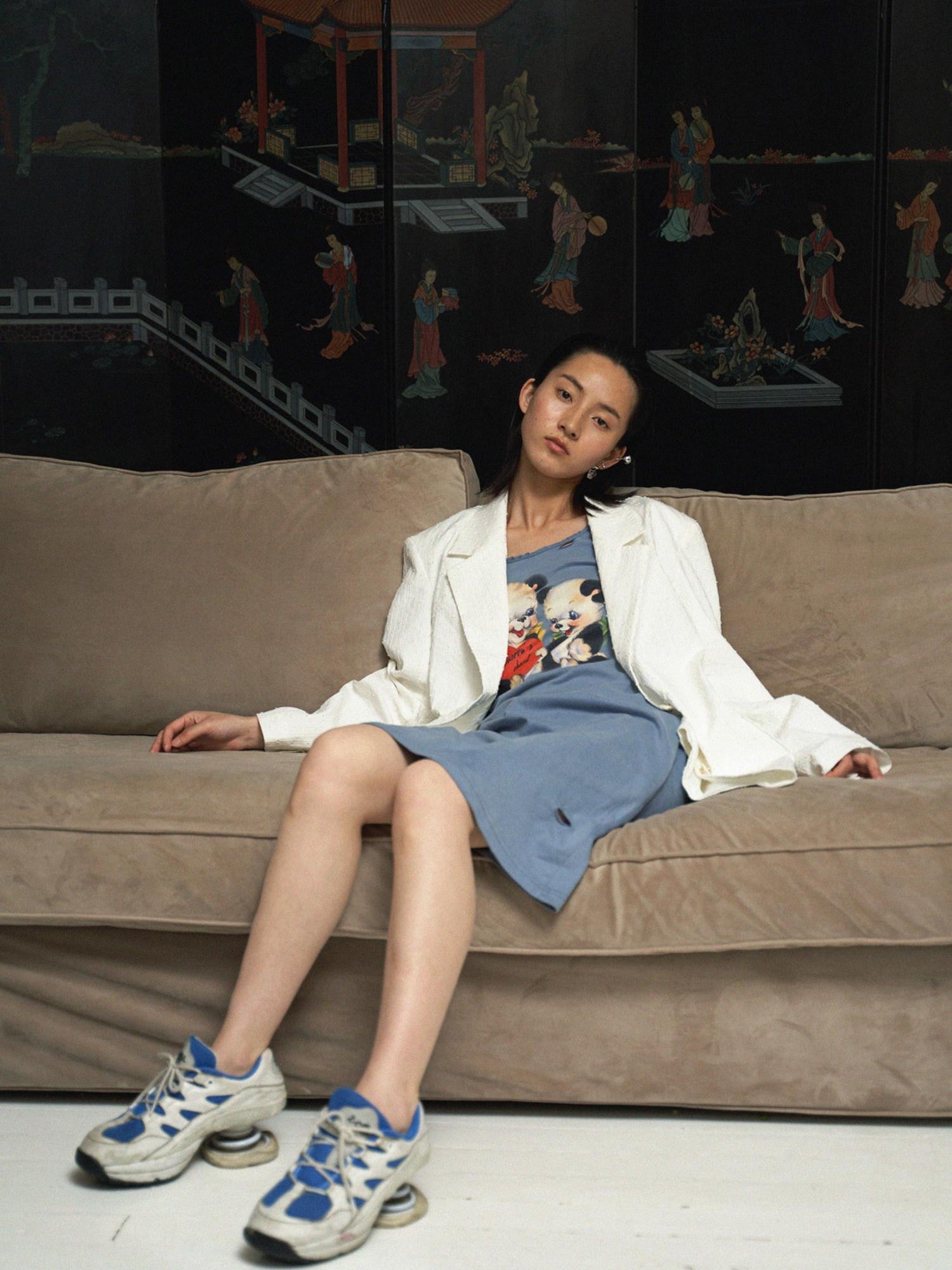 QUORRA S CHORD Haze Blue Printed Distressed Puff Sleeve Women&