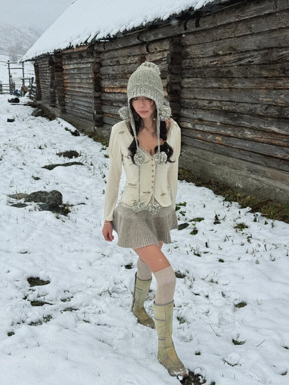 QUORRA S CHORD Heathered Gray Green Hand Knit Pom Pom Women&