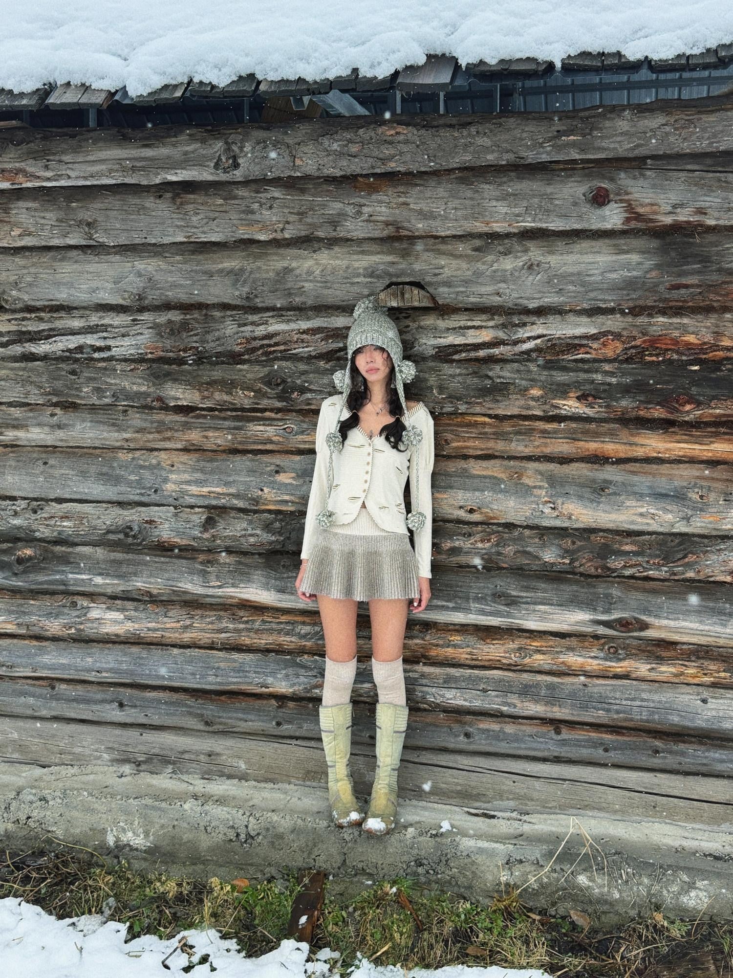 QUORRA S CHORD Heathered Gray Green Hand Knit Pom Pom Women&