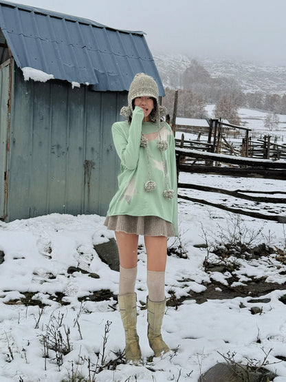 QUORRA S CHORD Heathered Gray Green Hand Knit Pom Pom Women&