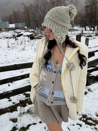 QUORRA S CHORD Heathered Gray Green Hand Knit Pom Pom Women&