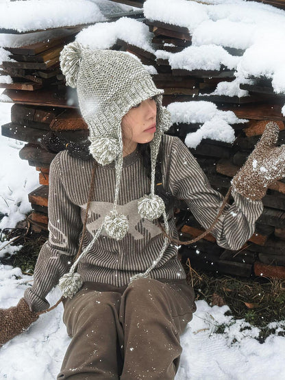 QUORRA S CHORD Heathered Gray Green Hand Knit Pom Pom Women&