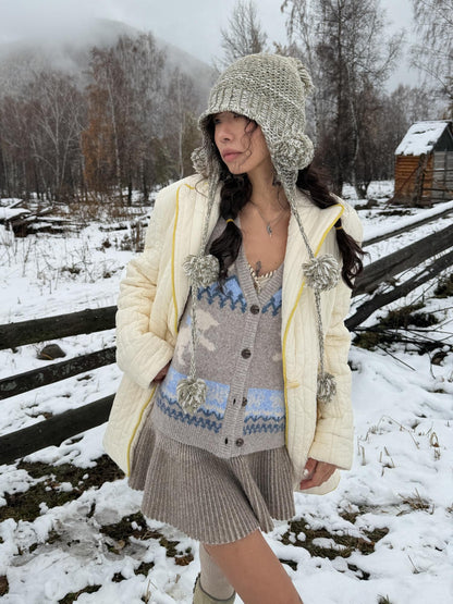 QUORRA S CHORD Heathered Gray Green Hand Knit Pom Pom Women&