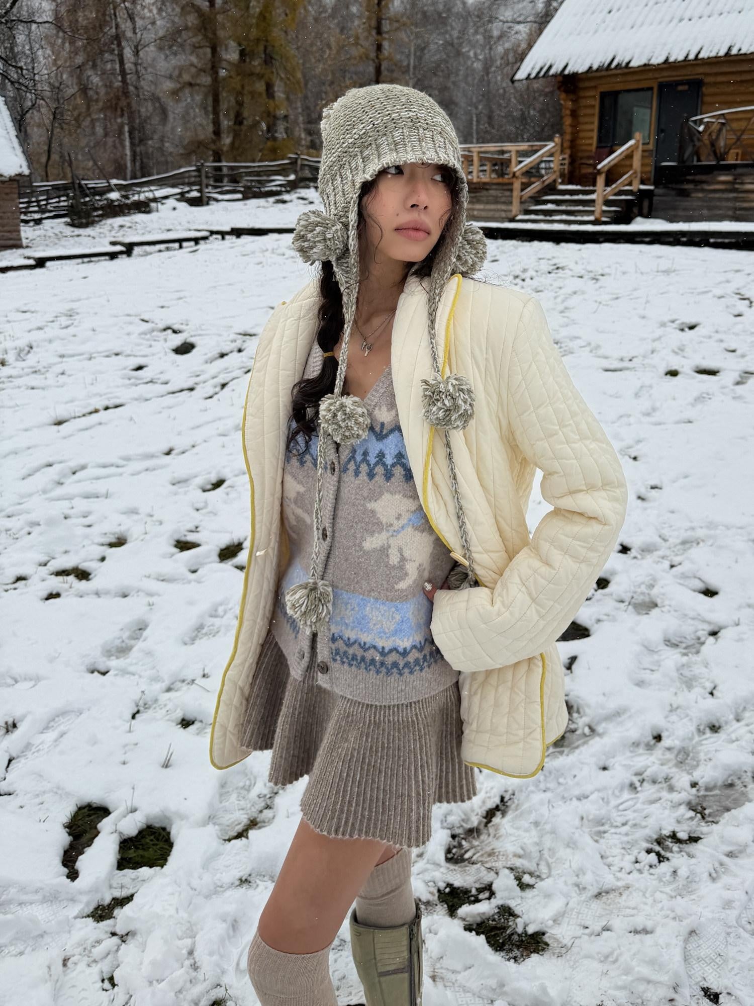 QUORRA S CHORD Heathered Gray Green Hand Knit Pom Pom Women&