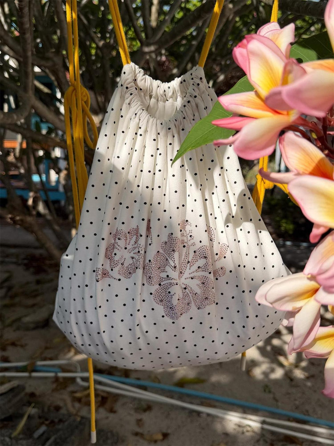 QUORRA S CHORD Hibiscus Print Rhinestone Polka Dot Drawstring Women&