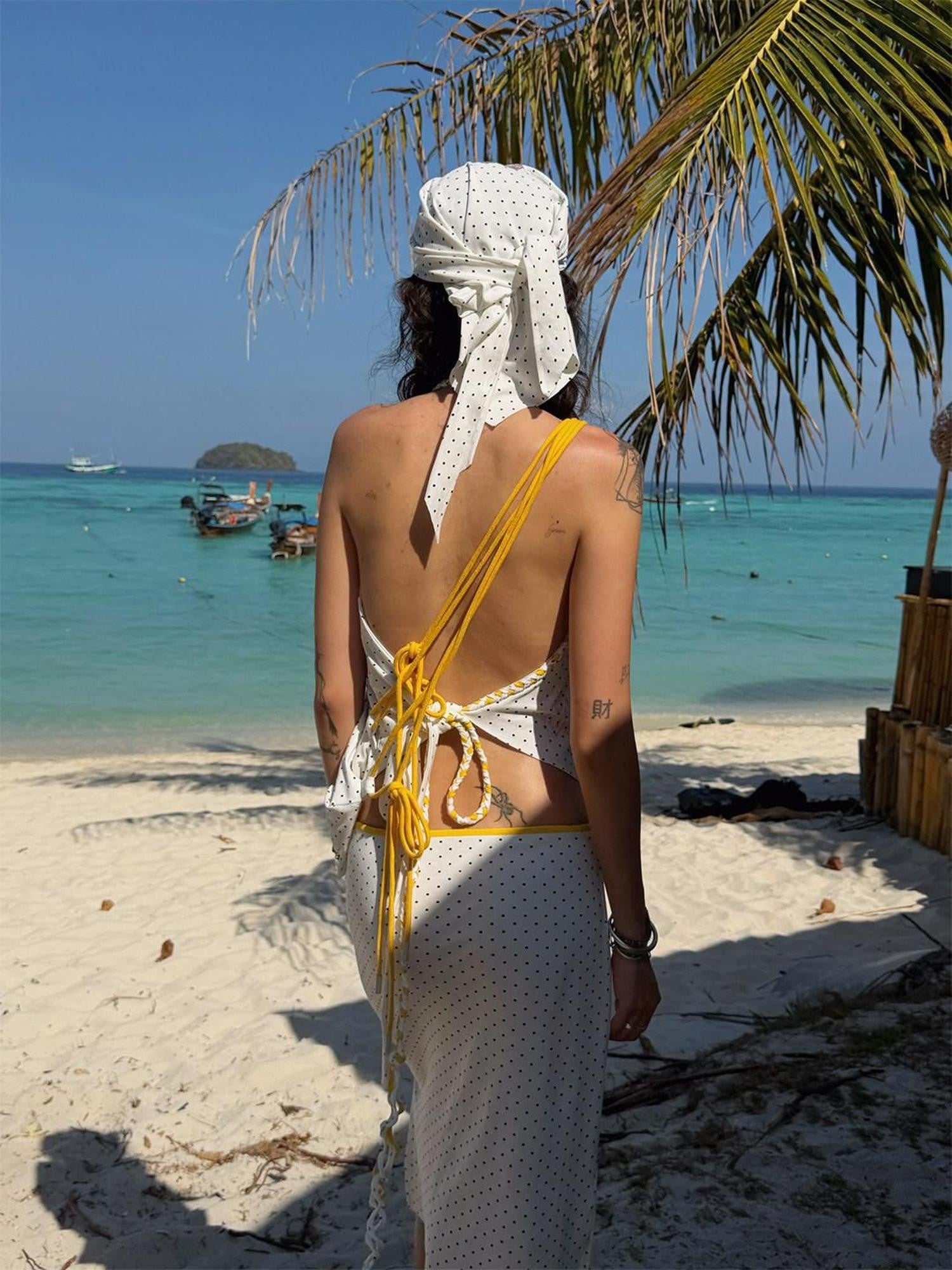 QUORRA S CHORD Hibiscus Print Rhinestone Polka Dot Drawstring Women&