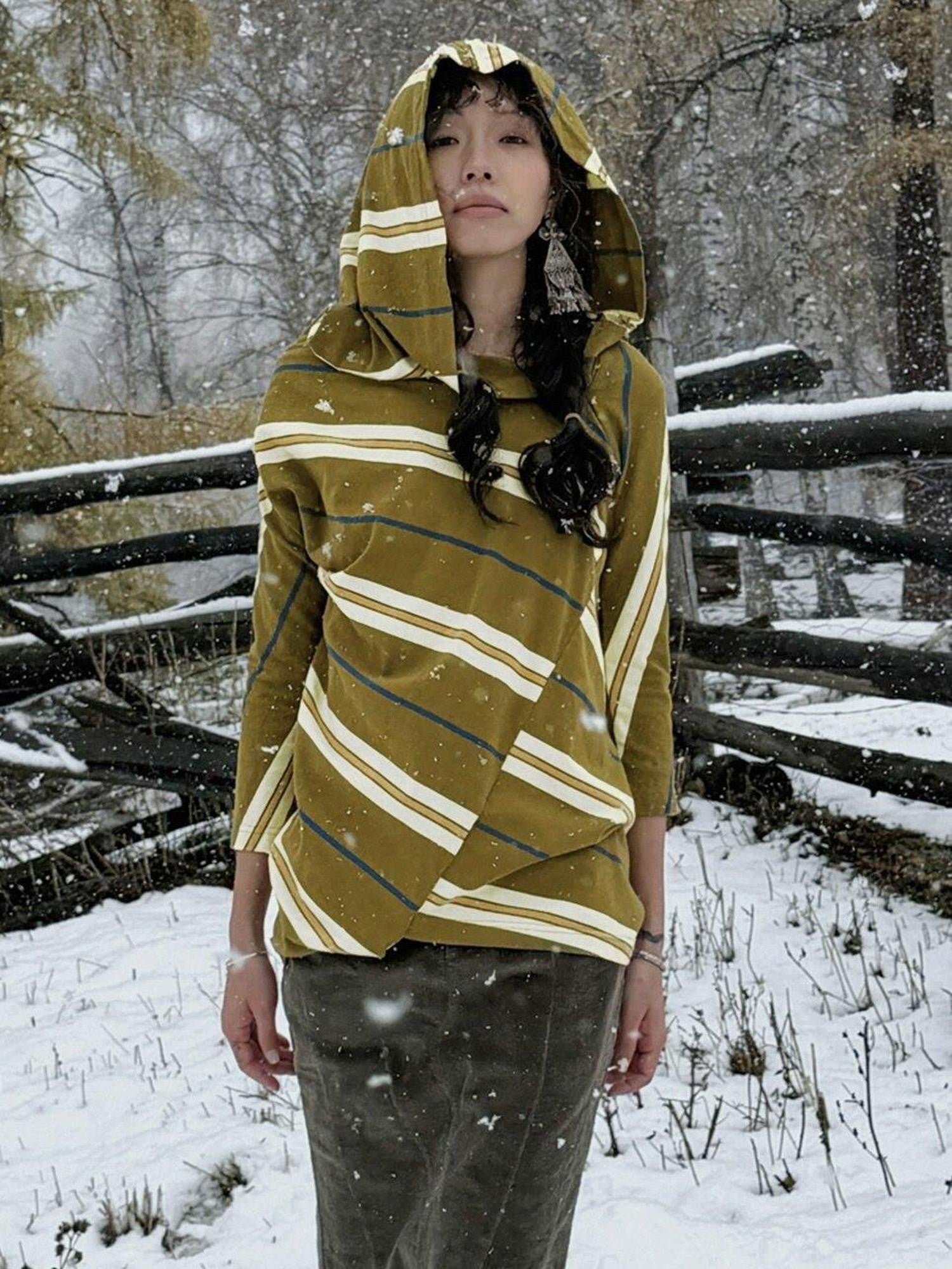QUORRA S CHORD Irregular Patchwork Hood Three Quarter Sleeve Women&