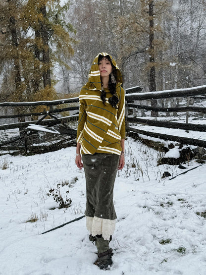 QUORRA S CHORD Irregular Patchwork Hood Three Quarter Sleeve Women&