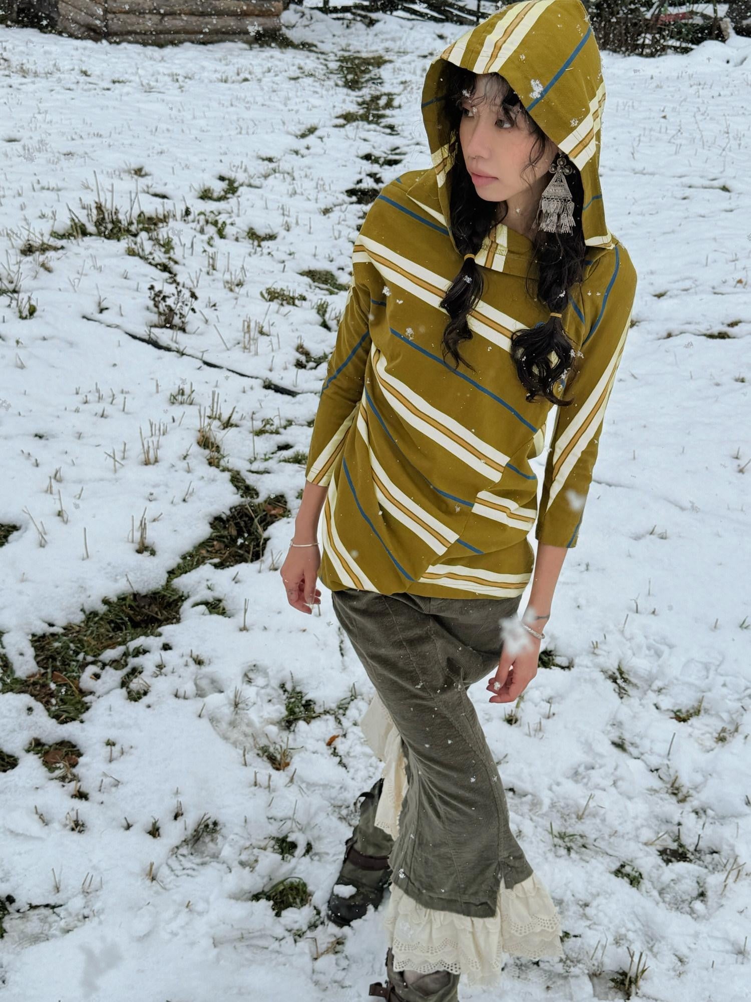 QUORRA S CHORD Irregular Patchwork Hood Three Quarter Sleeve Women&
