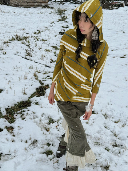 QUORRA S CHORD Irregular Patchwork Hood Three Quarter Sleeve Women&