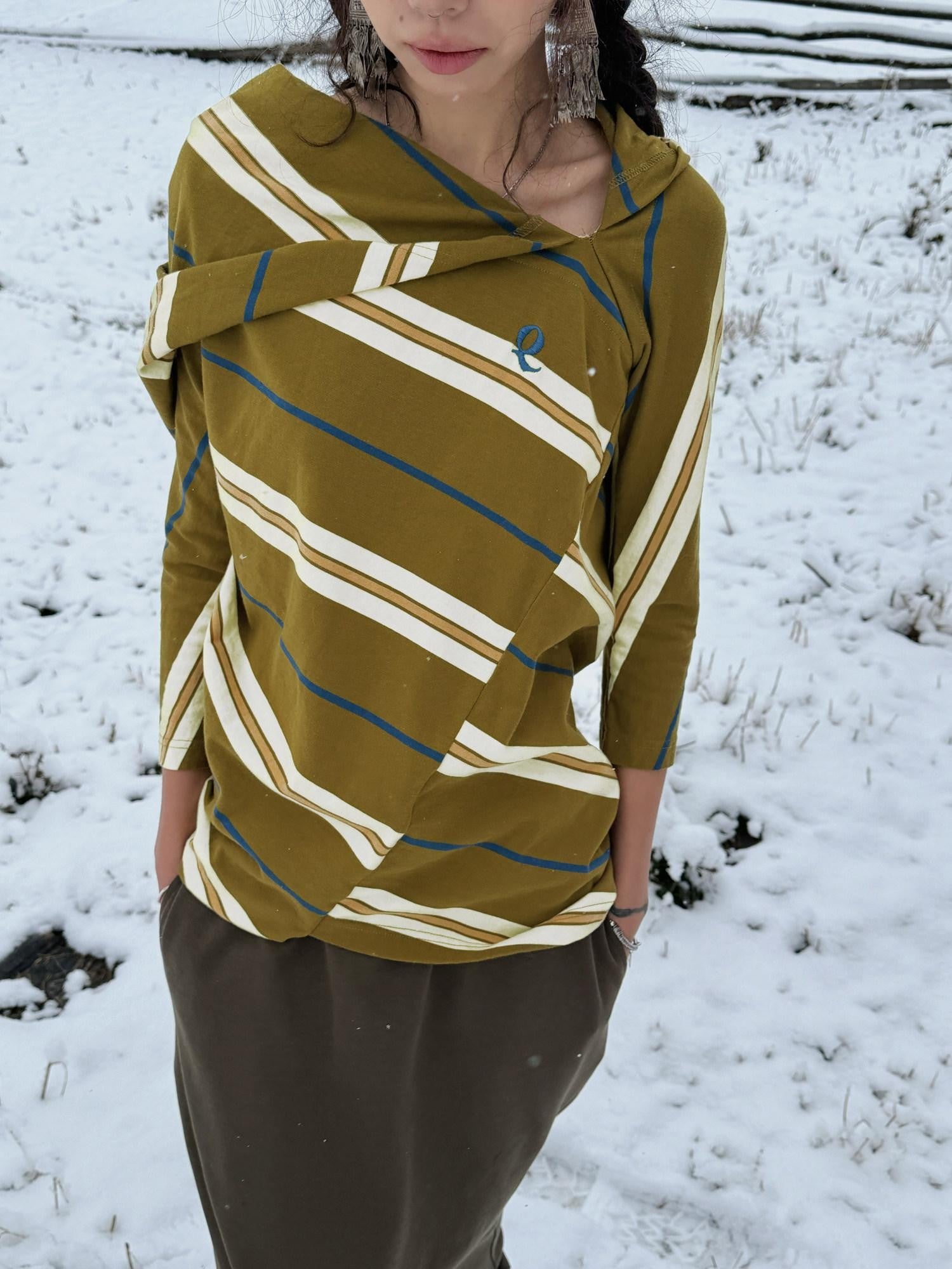 QUORRA S CHORD Irregular Patchwork Hood Three Quarter Sleeve Women&