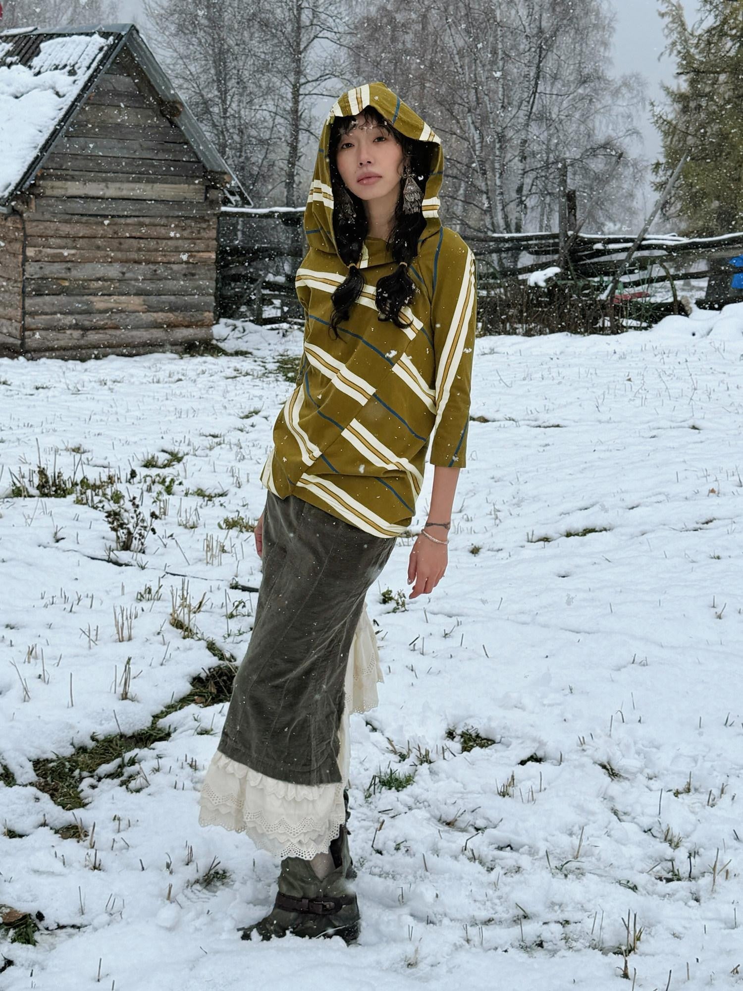 QUORRA S CHORD Irregular Patchwork Hood Three Quarter Sleeve Women&