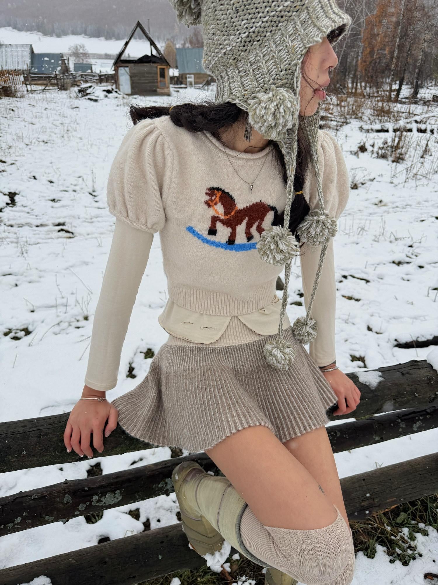 QUORRA S CHORD Milk Tea Ribbed Knit Low Waist High Stretch Flared Puff Women&