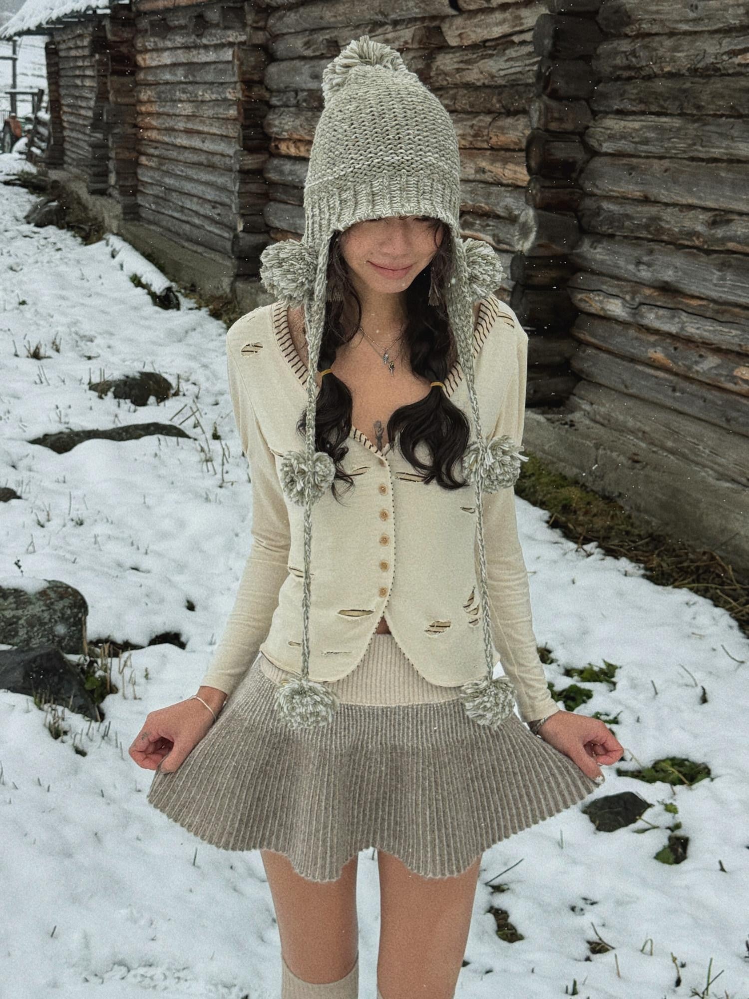 QUORRA S CHORD Milk Tea Ribbed Knit Low Waist High Stretch Flared Puff Women&