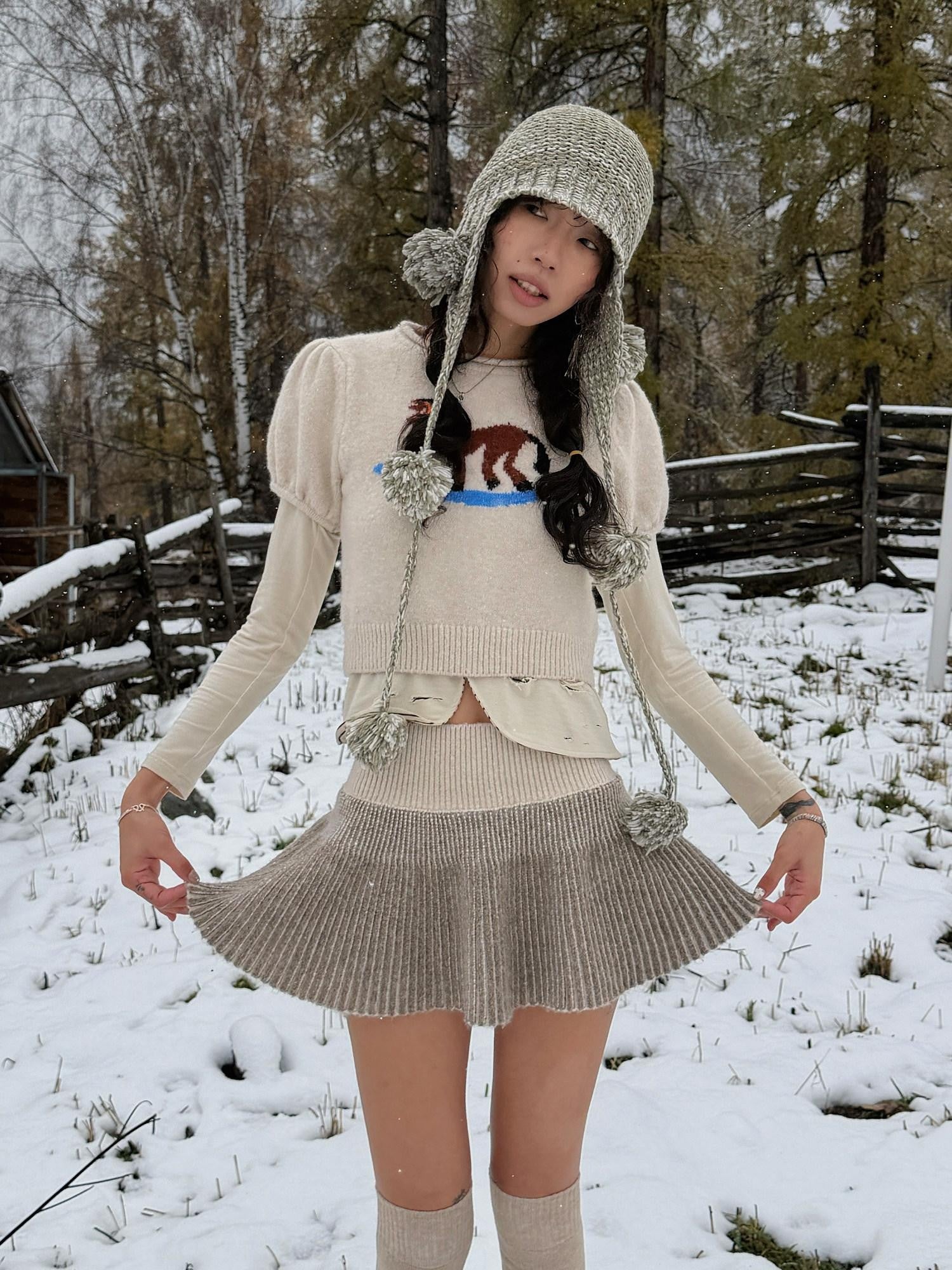 QUORRA S CHORD Milk Tea Ribbed Knit Low Waist High Stretch Flared Puff Women&