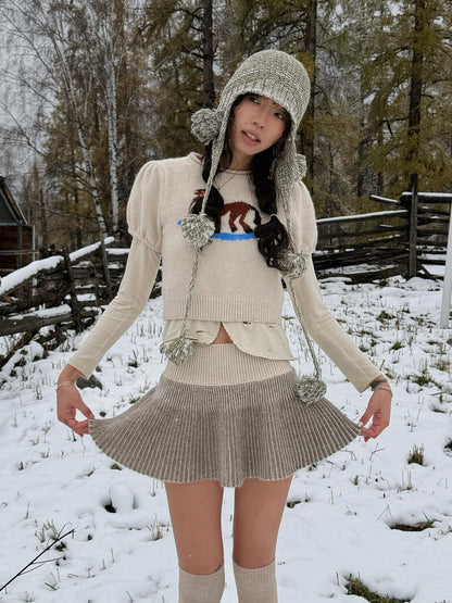 QUORRA S CHORD Milk Tea Ribbed Knit Low Waist High Stretch Flared Puff Women&