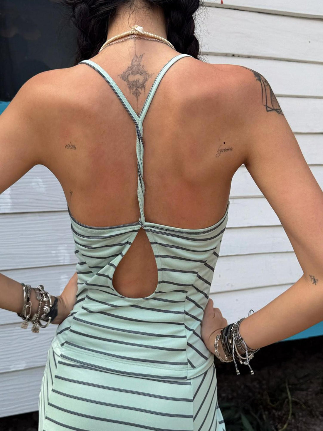 QUORRA S CHORD Mint Green Striped Backless Cinched Waist Women&