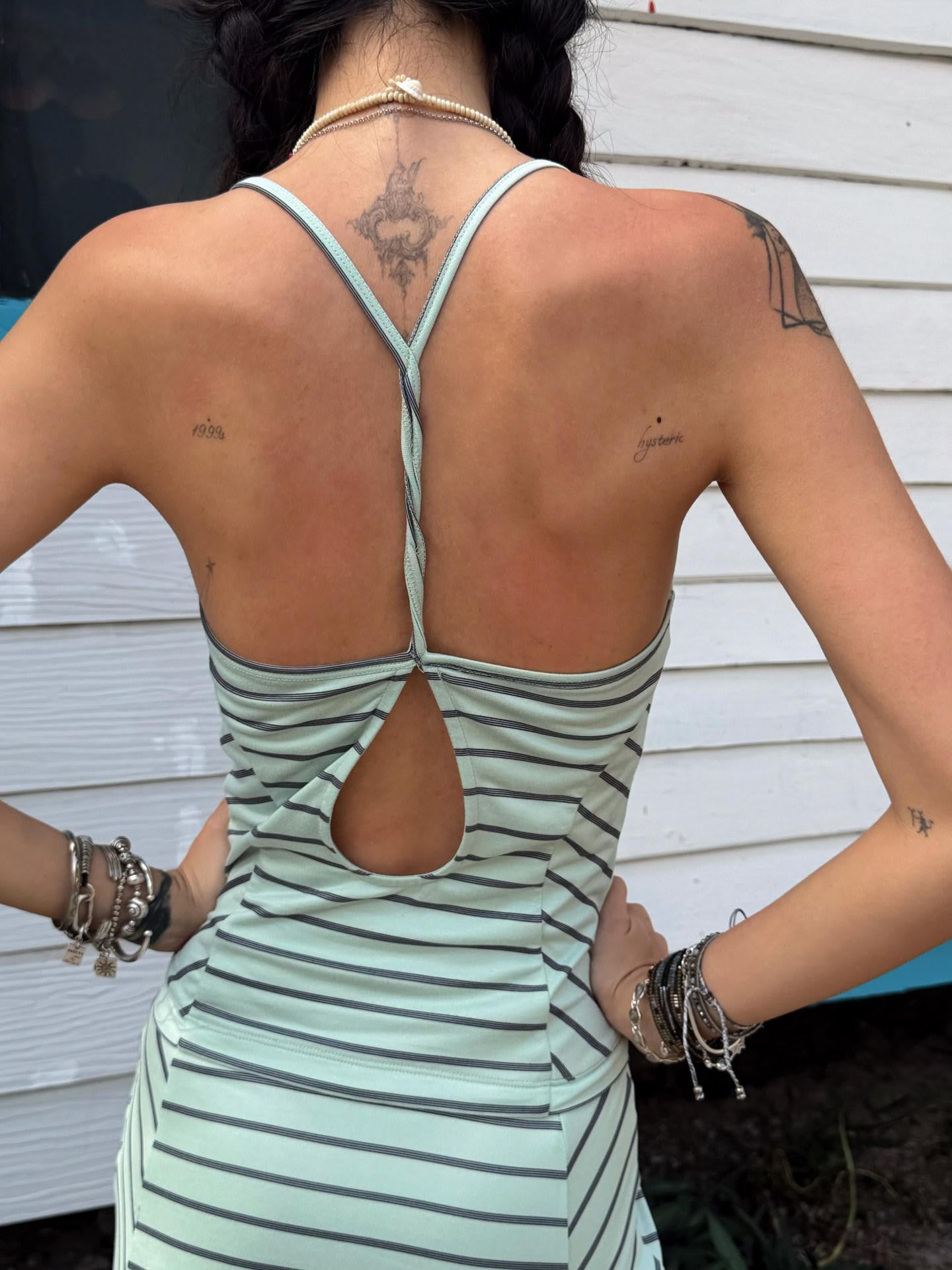 QUORRA S CHORD Mint Green Striped Backless Cinched Waist Women&