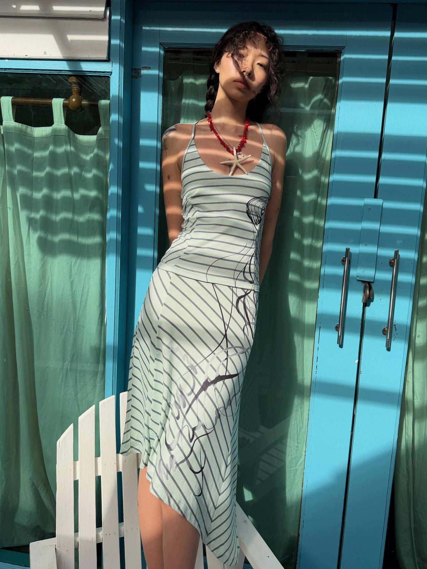 QUORRA S CHORD Mint Green Striped Backless Cinched Waist Women&