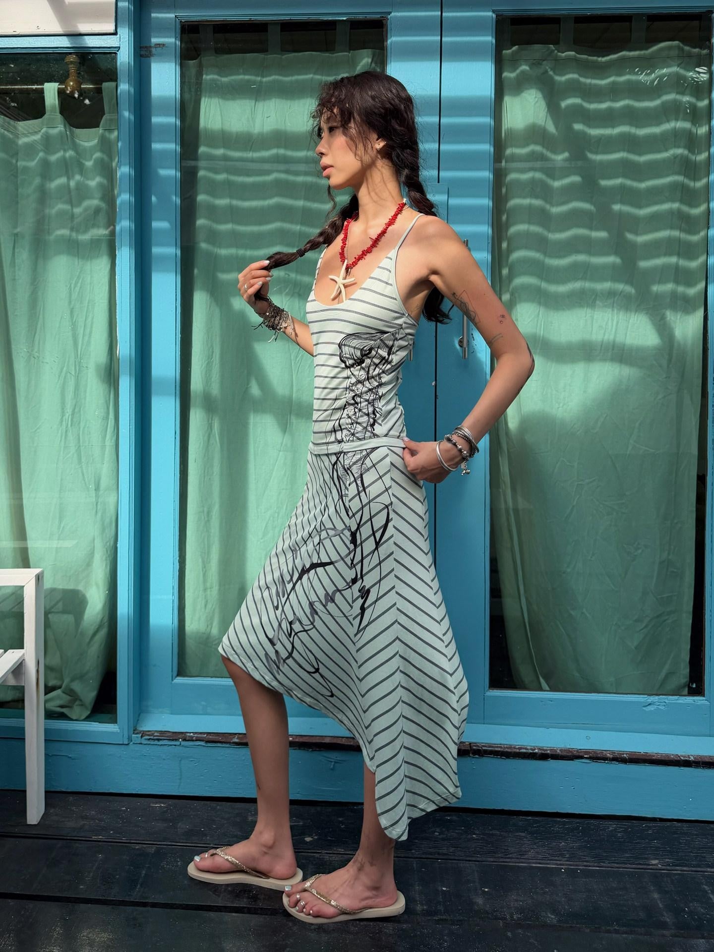QUORRA S CHORD Mint Green Striped Backless Cinched Waist Women&