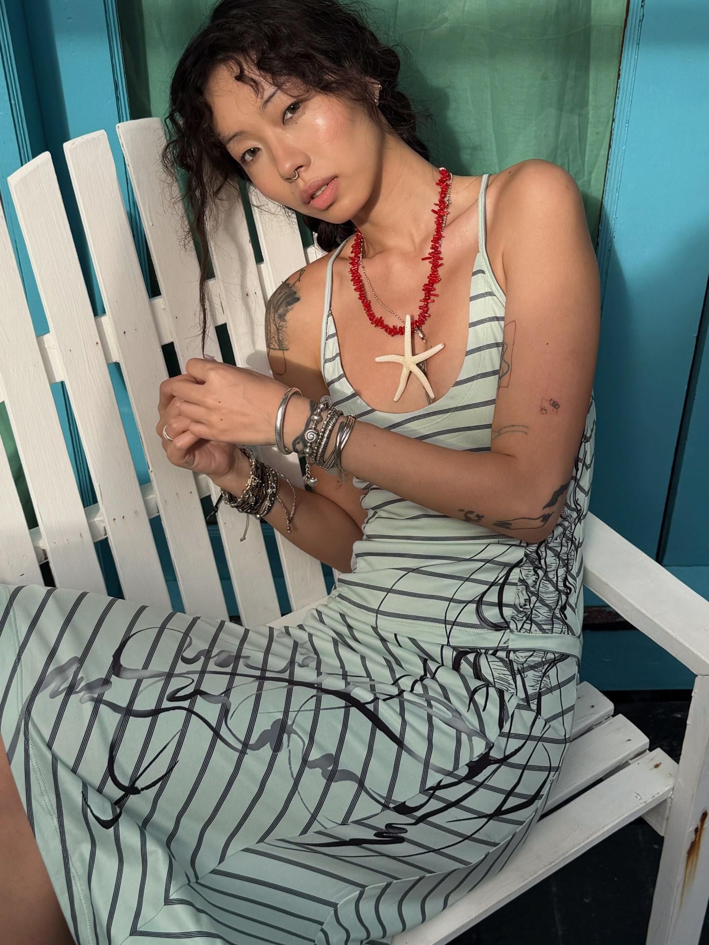 QUORRA S CHORD Mint Green Striped Backless Cinched Waist Women&