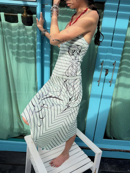 QUORRA S CHORD Mint Green Striped Backless Cinched Waist Women&