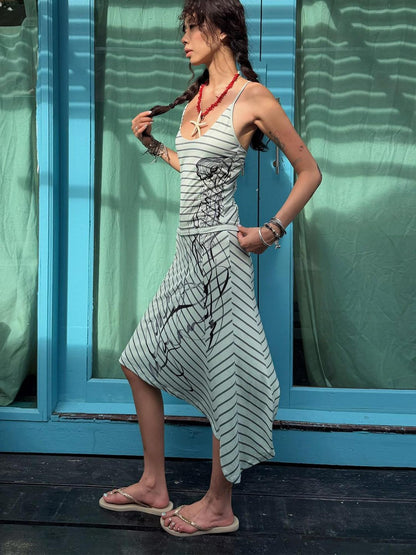 QUORRA S CHORD Mint Green Striped Backless Cinched Waist Women&