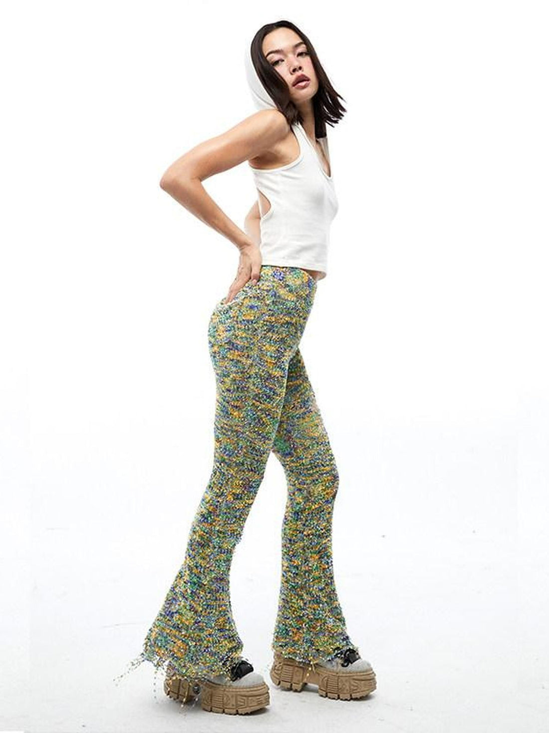 QUORRA S CHORD Multicolor Jacquard Knit Frayed Distressed Elastic Waist Women&