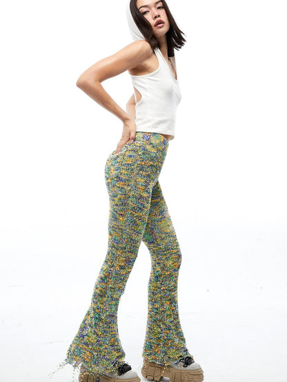 QUORRA S CHORD Multicolor Jacquard Knit Frayed Distressed Elastic Waist Women&