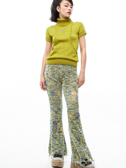 QUORRA S CHORD Multicolor Jacquard Knit Frayed Distressed Elastic Waist Women&