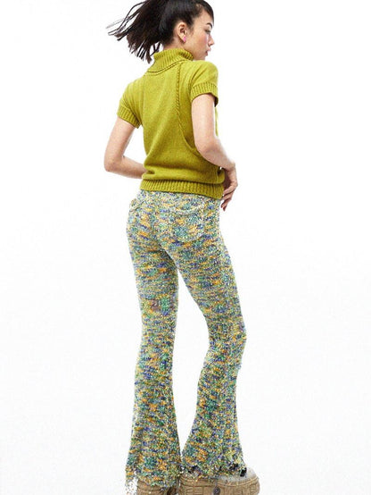 QUORRA S CHORD Multicolor Jacquard Knit Frayed Distressed Elastic Waist Women&
