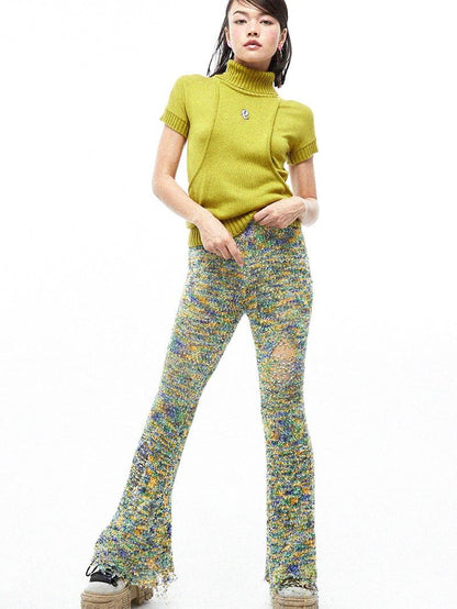 QUORRA S CHORD Multicolor Jacquard Knit Frayed Distressed Elastic Waist Women&
