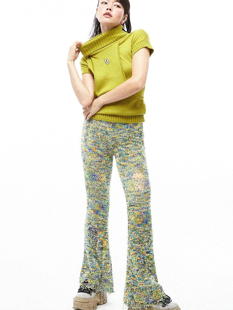 QUORRA S CHORD Multicolor Jacquard Knit Frayed Distressed Elastic Waist Women&