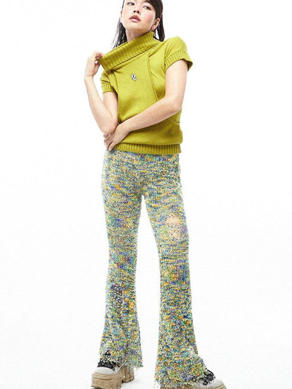 QUORRA S CHORD Multicolor Jacquard Knit Frayed Distressed Elastic Waist Women&