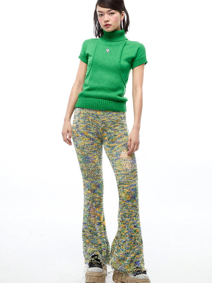 QUORRA S CHORD Multicolor Jacquard Knit Frayed Distressed Elastic Waist Women&