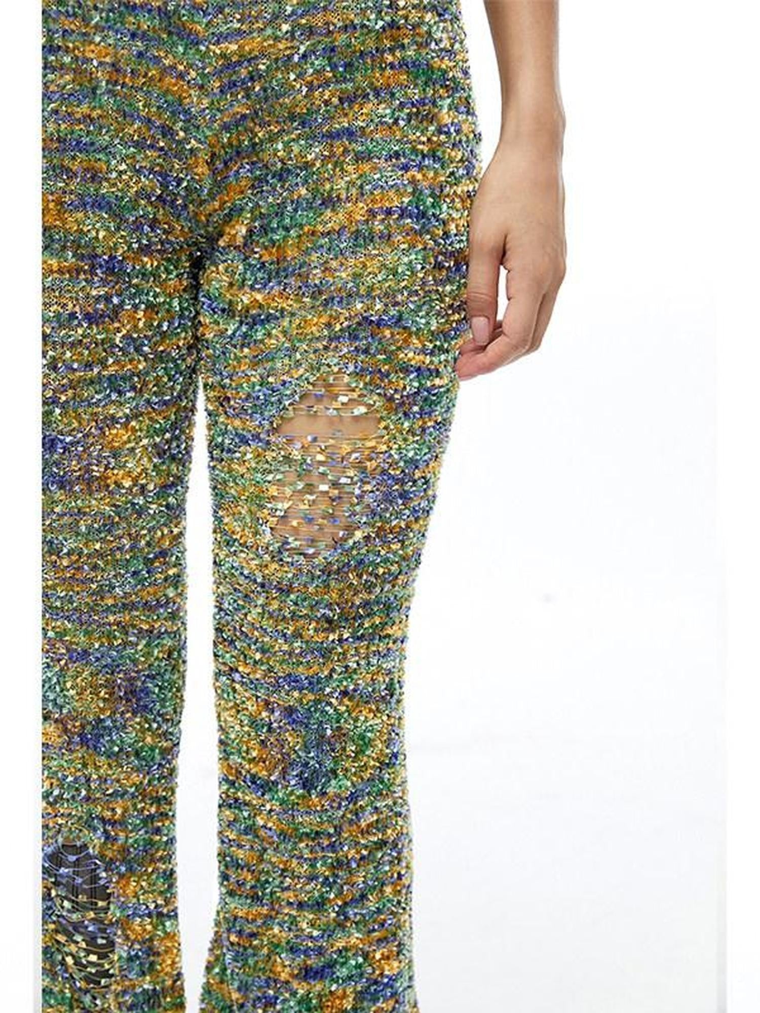 QUORRA S CHORD Multicolor Jacquard Knit Frayed Distressed Elastic Waist Women&