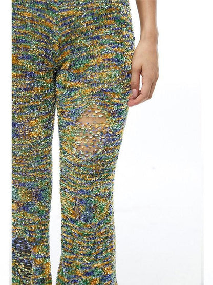 QUORRA S CHORD Multicolor Jacquard Knit Frayed Distressed Elastic Waist Women&